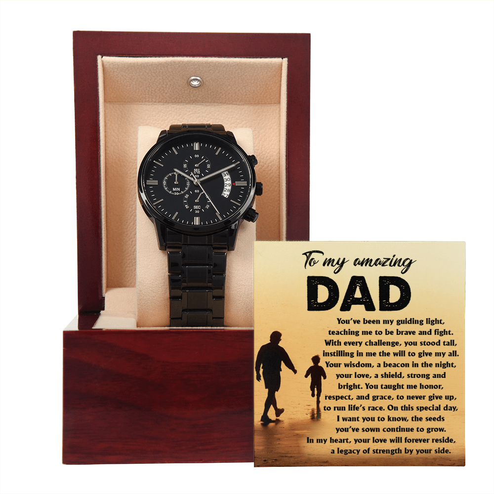 To My Amazing Dad - Legacy of Strength Watch | Sentimental Father's Day Gift from Son or Daughter | Luxury Black Chronograph Stainless Steel Watch with Heartfelt Message Card - Mallard Moon Gift Shop