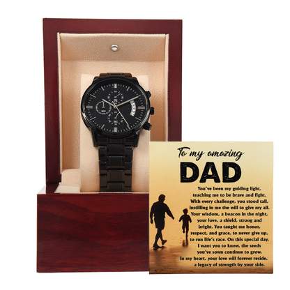To My Amazing Dad - Legacy of Strength Watch | Sentimental Father's Day Gift from Son or Daughter | Luxury Black Chronograph Stainless Steel Watch with Heartfelt Message Card - Mallard Moon Gift Shop
