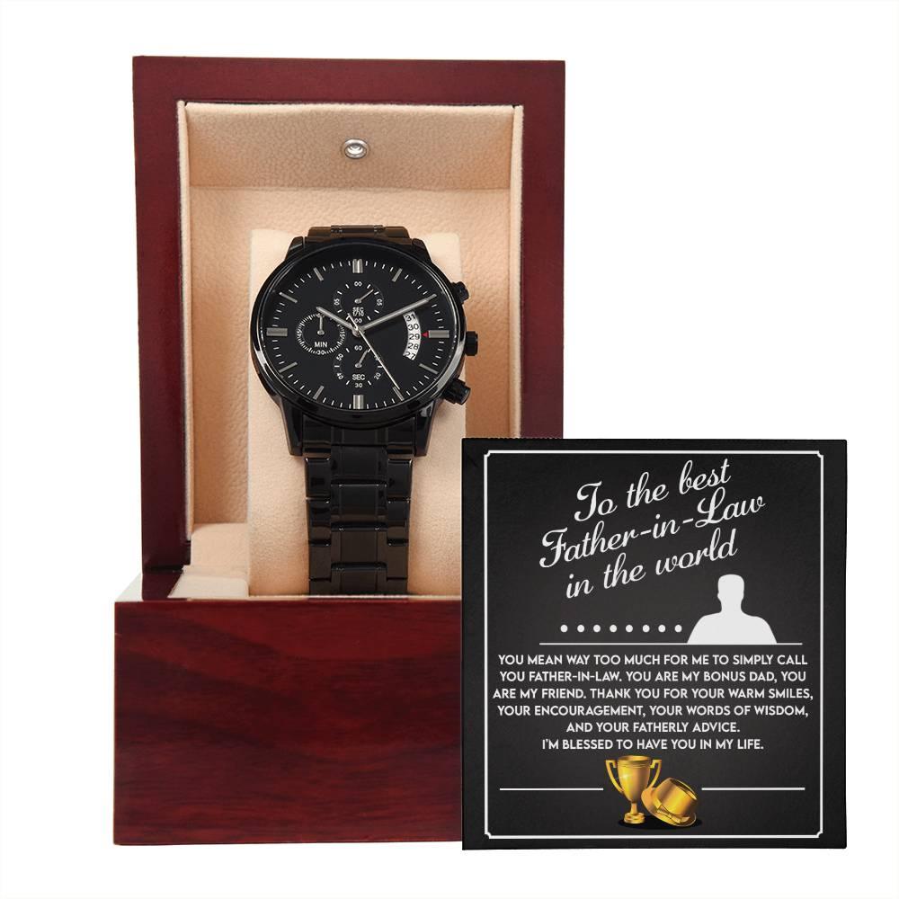 Gift for Father-In-Law My Bonus Dad My Best Friend Black Chronograph Watch - Mallard Moon Gift Shop