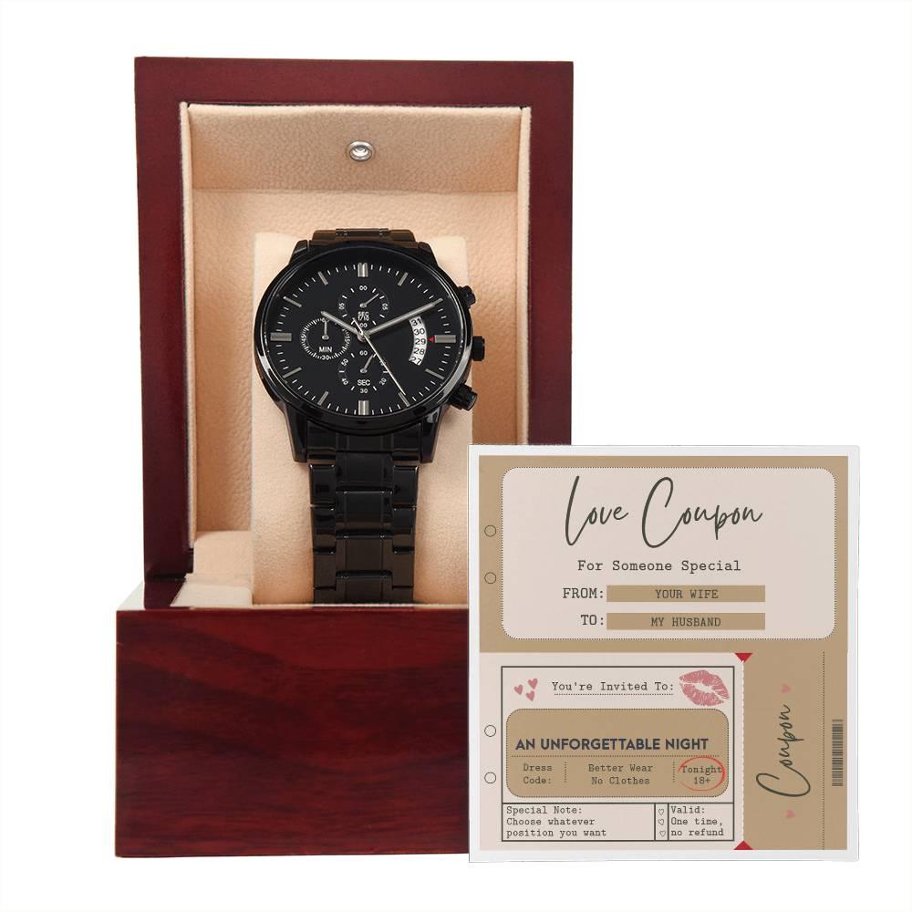 Husband Wedding Day Gift - Coupon Book - Black Chronograph Watch - Mallard Moon Gift Shop