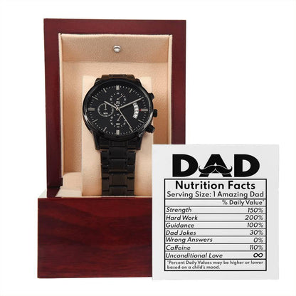 Dad Gift - Funny Nutrition Facts - Black Chronograph Watch - Mallard Moon Gift Shop