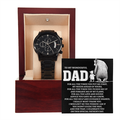 To My Wonderful Dad Men's Black Chronograph Watch – Elegant Father's Day Gift, Luxury Stainless Steel Watch with Engraved Message Card – A Timeless Gift of Thanks for Loving Fathers - Mallard Moon Gift Shop