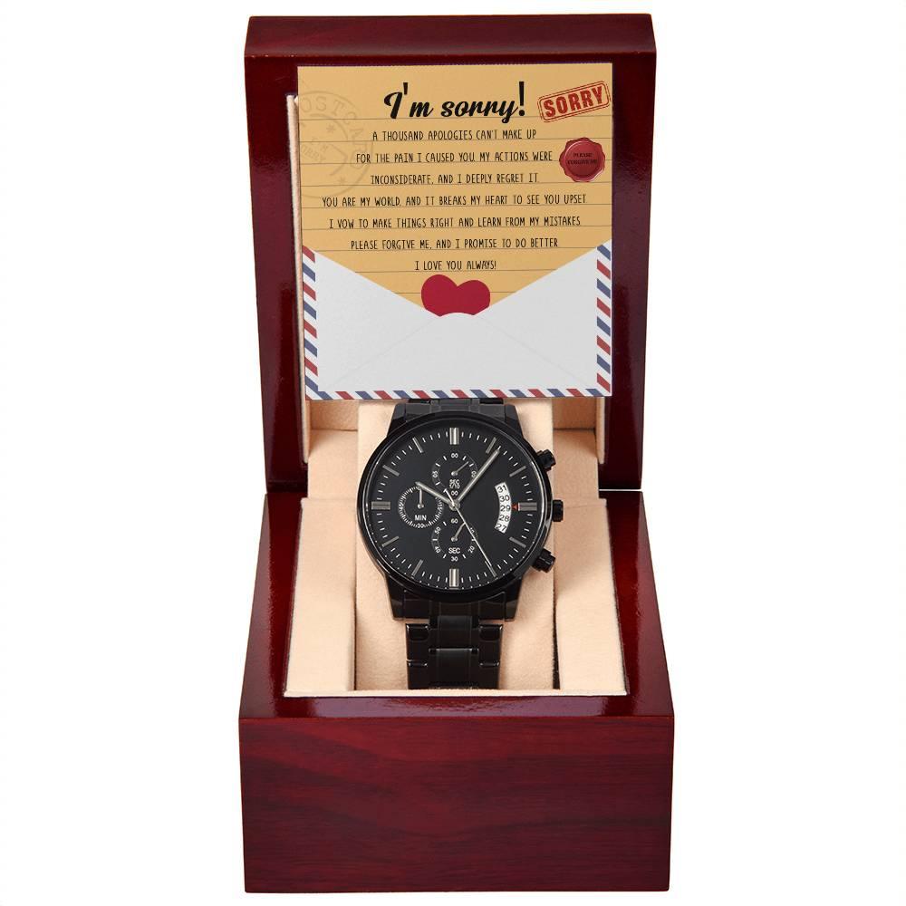 Apology Gift for Him-Sorry, Breaks My Heart-Black Chronograph Watch - Mallard Moon Gift Shop