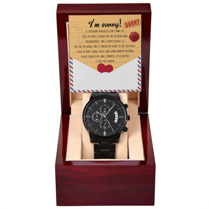 Apology Gift for Him-Sorry, Breaks My Heart-Black Chronograph Watch - Mallard Moon Gift Shop