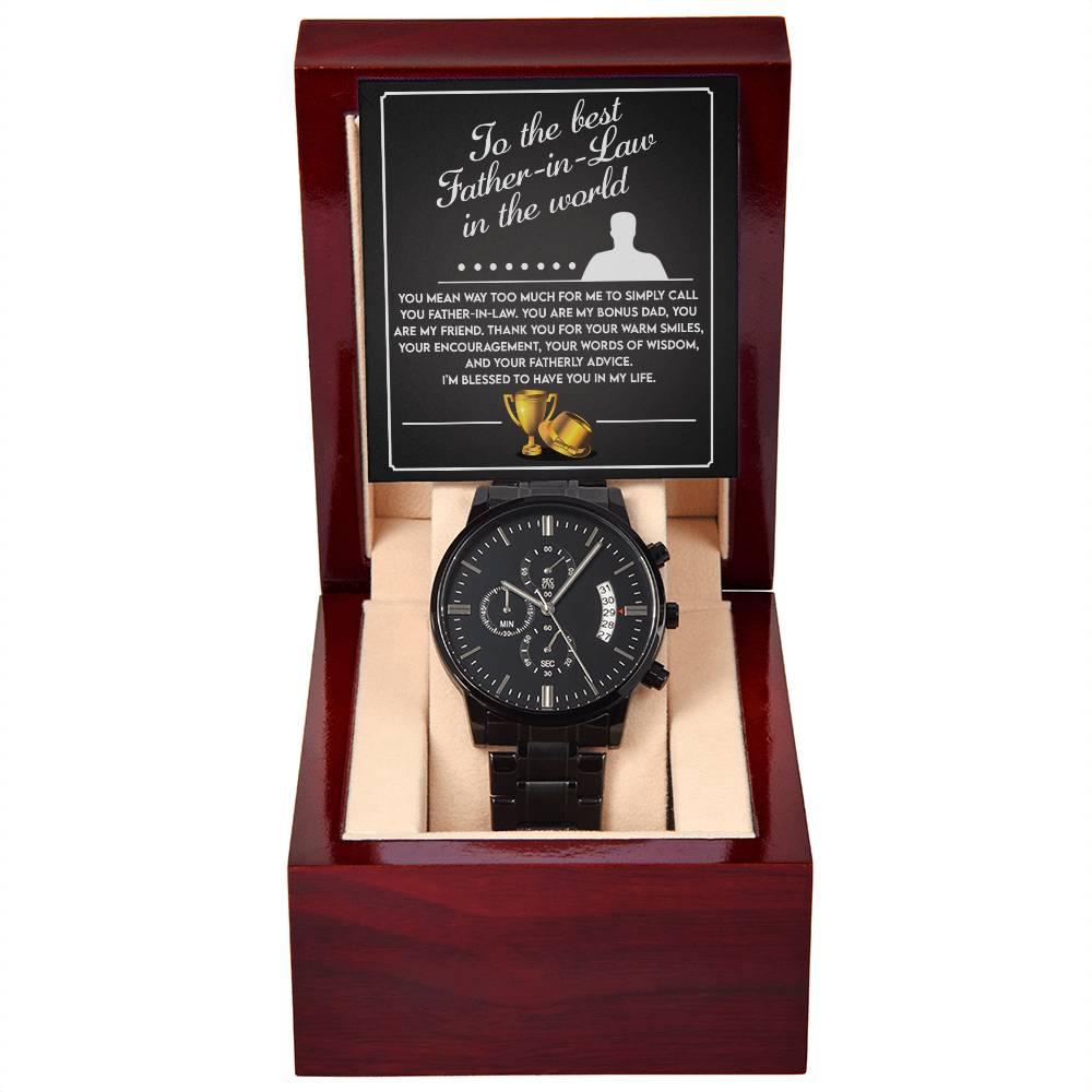 Gift for Father-In-Law My Bonus Dad My Best Friend Black Chronograph Watch - Mallard Moon Gift Shop