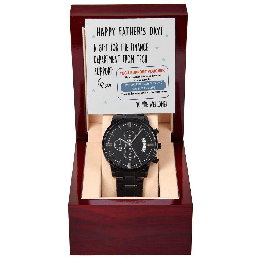 Dad Gift - Tech Support Voucher - Black Chronograph Watch - Mallard Moon Gift Shop