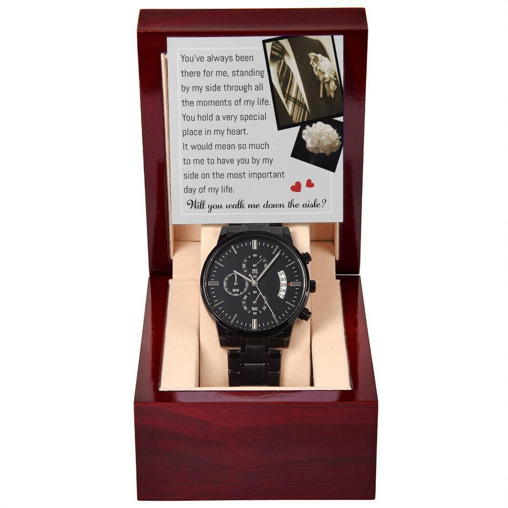 Father of the Bride Gift Will You Walk Me Down the Wedding Aisle Black Chronograph Watch - Mallard Moon Gift Shop