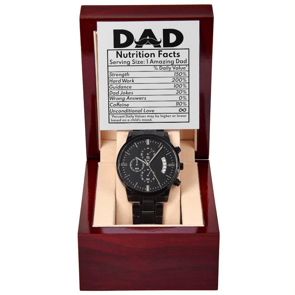Dad Gift - Funny Nutrition Facts - Black Chronograph Watch - Mallard Moon Gift Shop
