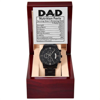 Dad Gift - Funny Nutrition Facts - Black Chronograph Watch - Mallard Moon Gift Shop