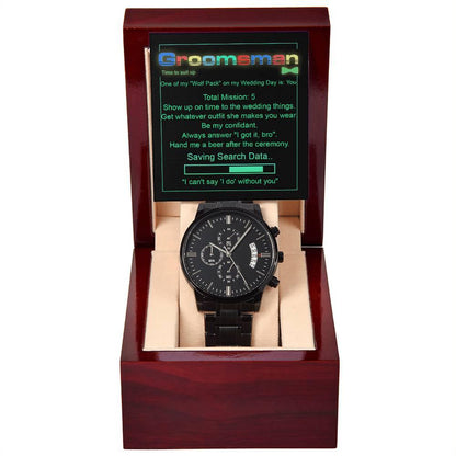 Groomsman Wedding Day Gift - Saving Search Data - Black Chronograph Watch - Mallard Moon Gift Shop
