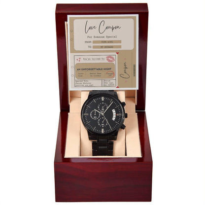 Husband Wedding Day Gift - Coupon Book - Black Chronograph Watch - Mallard Moon Gift Shop