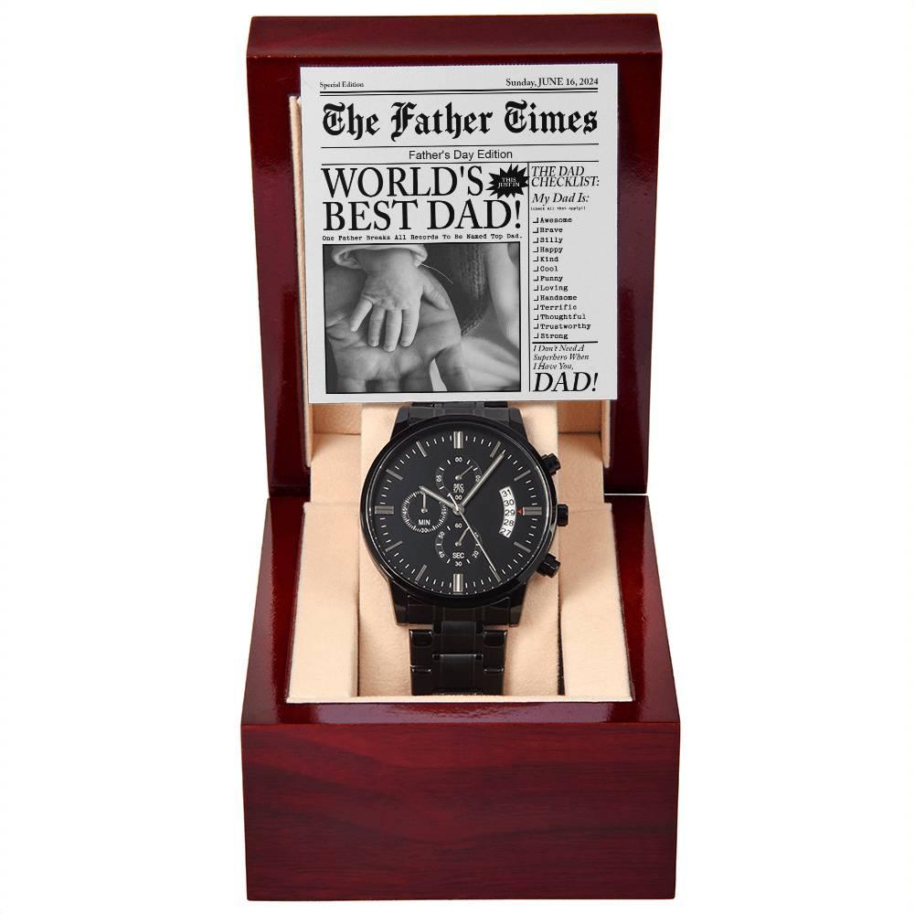 Dad Gift  - Headline on The Father Times - World's Best Dad - Black Chronograph Watch - Mallard Moon Gift Shop