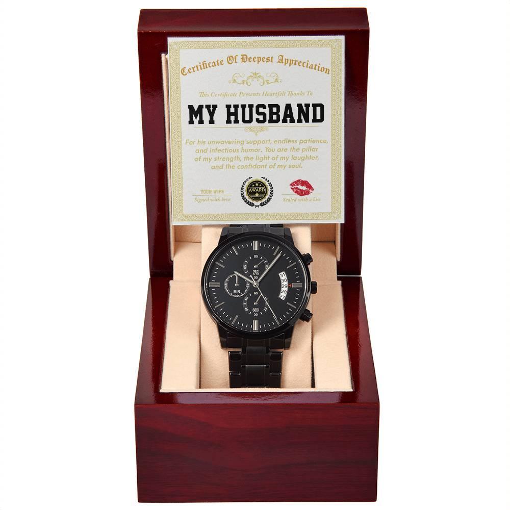 Husband Wedding Day Gift - Deepest Appreciation - Black Chronograph Watch - Mallard Moon Gift Shop