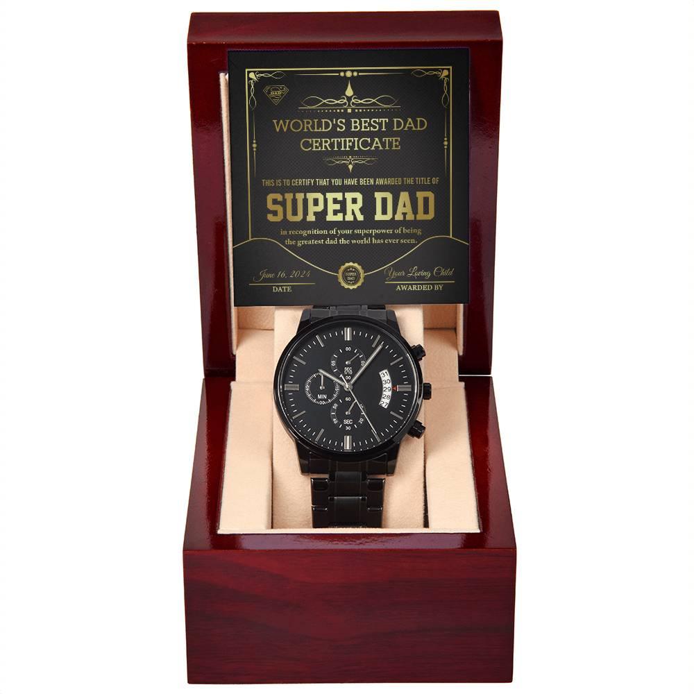 Dad Gift - Super Dad Certificate Black Chronograph Watch - Mallard Moon Gift Shop