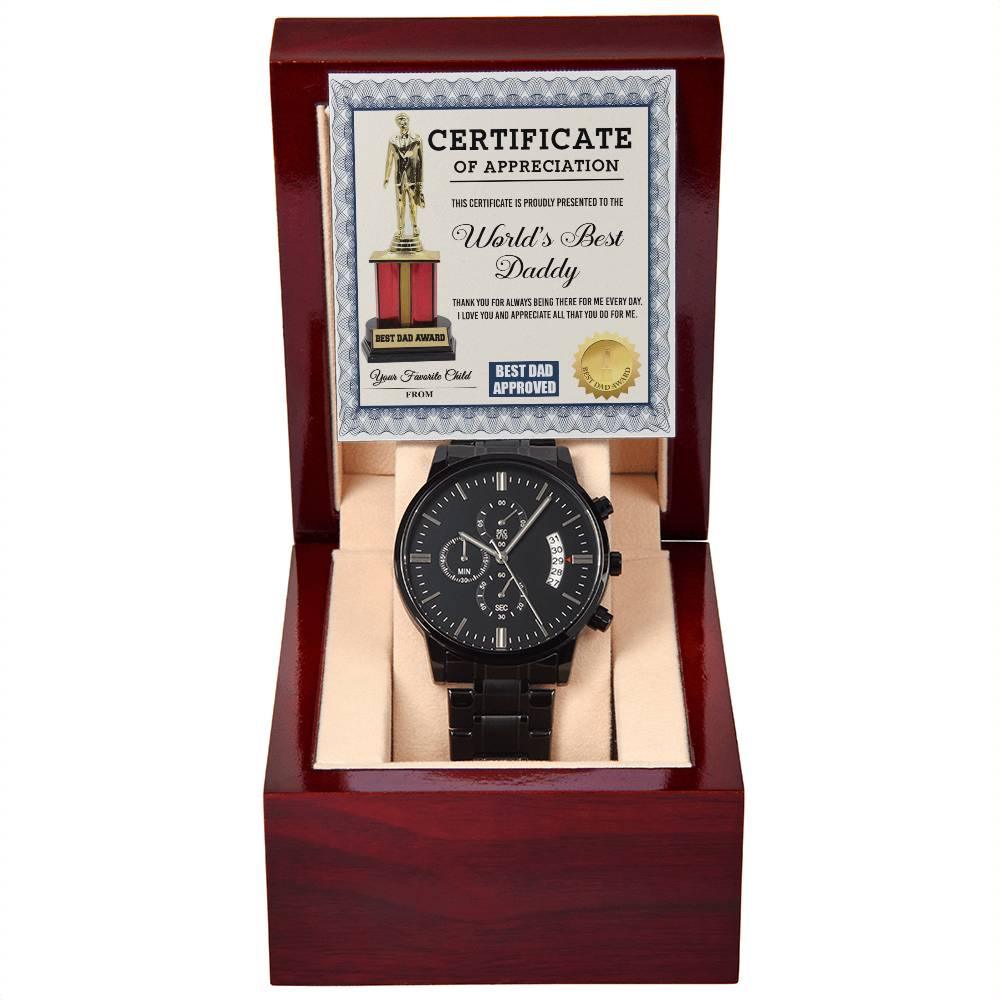 Dad Gift Certificate of  World's Best Daddy Black Chronograph Watch - Mallard Moon Gift Shop