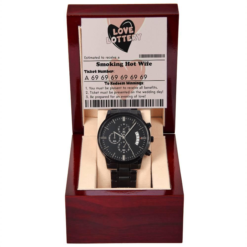 Husband Wedding Day Gift - Jackpot Winner - Black Chronograph Watch - Mallard Moon Gift Shop