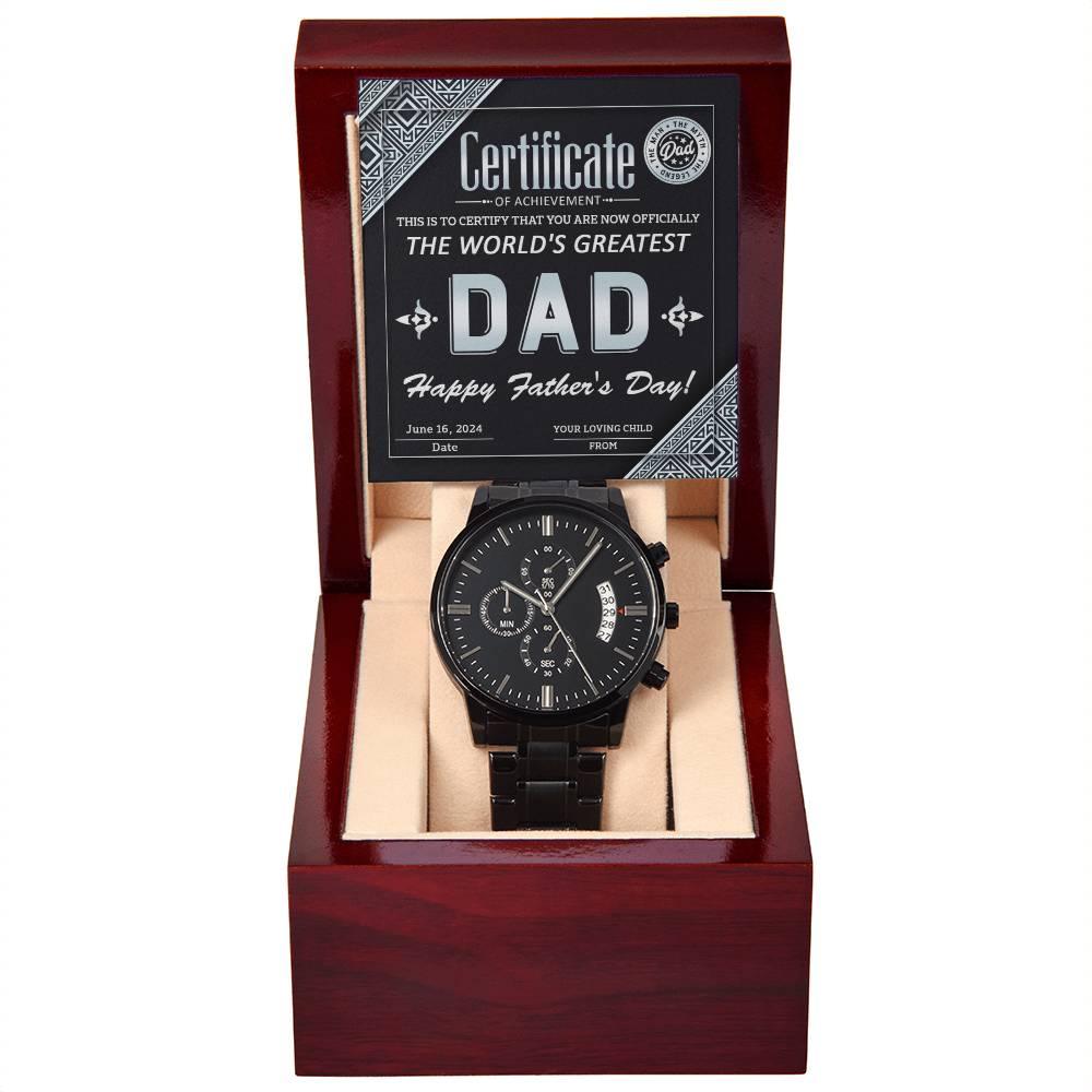 Dad Certificate of Achievement as the World's Greatest Dad Black Chronograph Watch - Mallard Moon Gift Shop