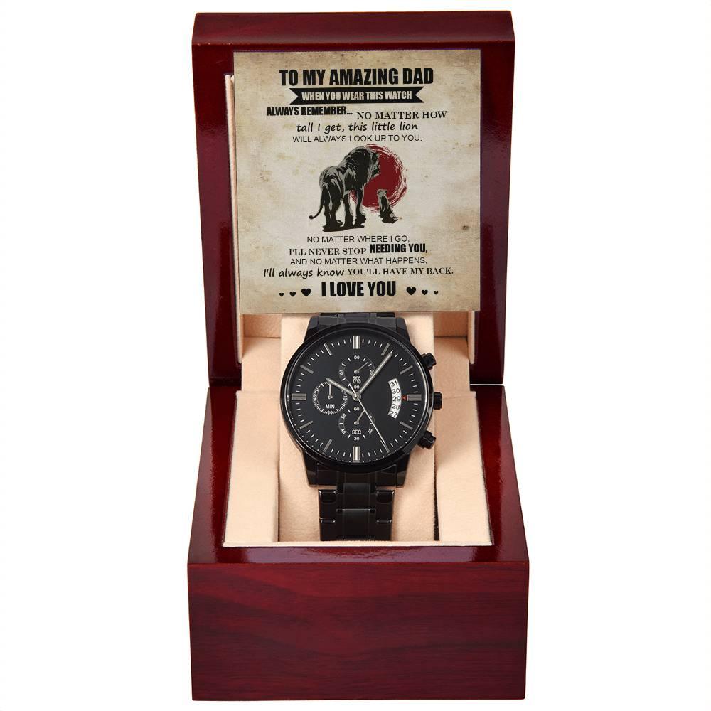 Dad Gift - This Little Lion Will Always Look Up to You - Black Chronograph Watch - Mallard Moon Gift Shop