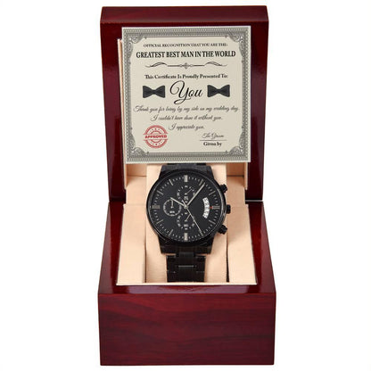 Groomsman Wedding Day Gift - Best Man - Official Recognition - Black Chronograph Watch - Mallard Moon Gift Shop