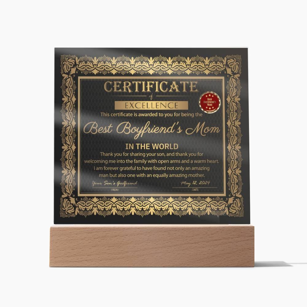 Best Boyfriend's Mom Certificate of Excellence Mother's Day Acrylic Plaque - Mallard Moon Gift Shop