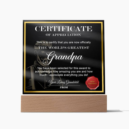 Certificate of Appreciation - The World's Greatest Grandpa Personalized Acrylic Plaque - Mallard Moon Gift Shop