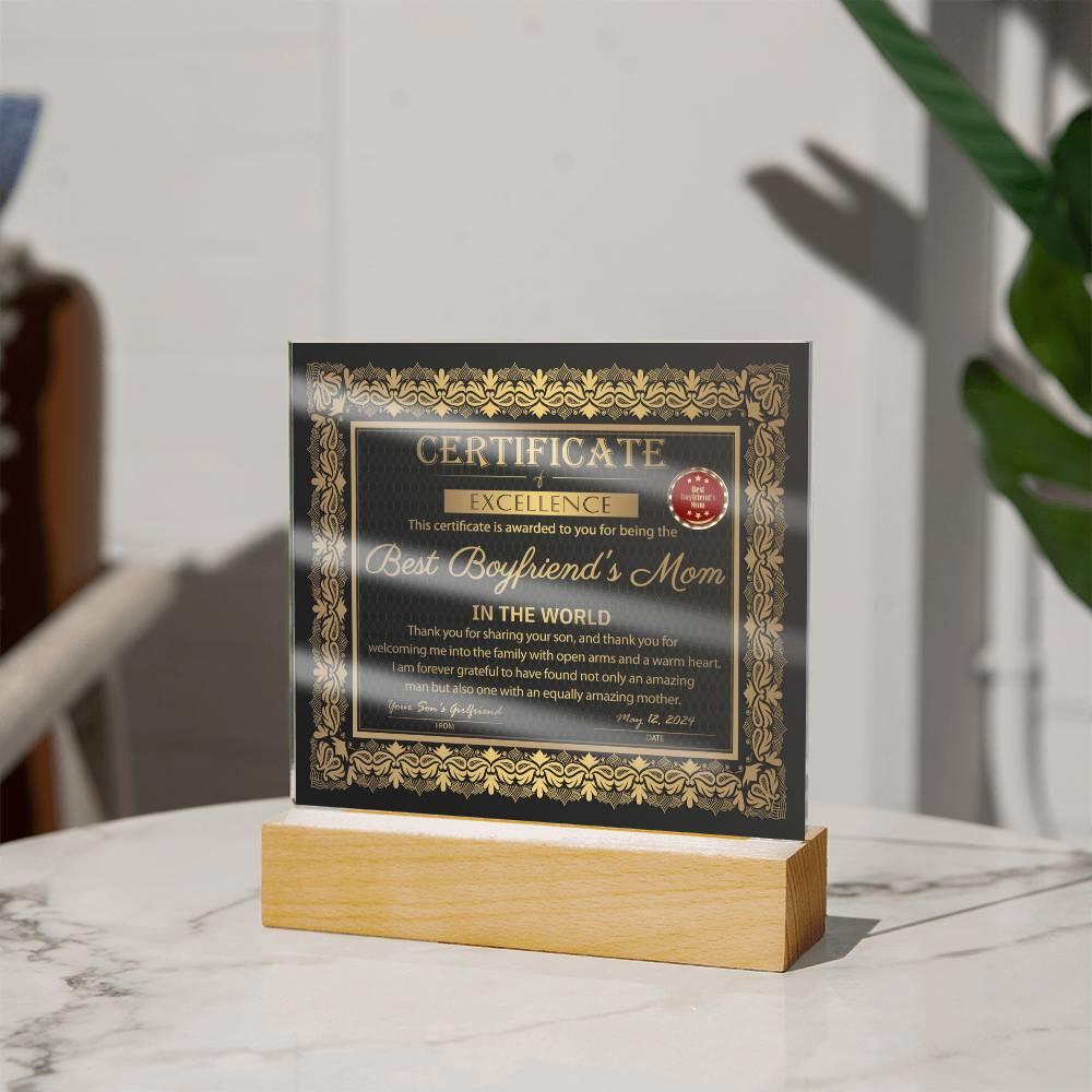 Best Boyfriend's Mom Certificate of Excellence Mother's Day Acrylic Plaque - Mallard Moon Gift Shop