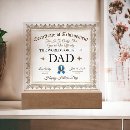 Gift For Dad Certificate of Achievement World's Greatest Dad Custom Acrylic Plaque - Mallard Moon Gift Shop