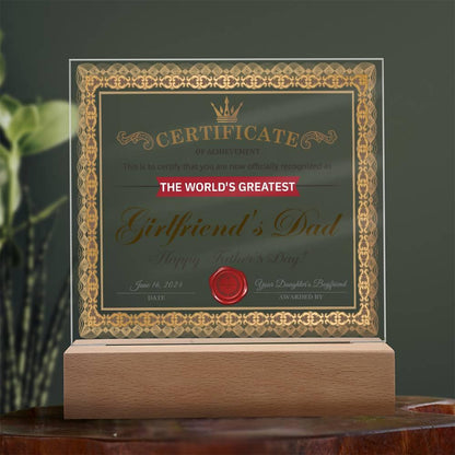 Father's Day Gift Certificate of Achievement for the World's Greatest Girlfriend's Dad Acrylic Plaque - Mallard Moon Gift Shop