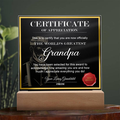 Certificate of Appreciation - The World's Greatest Grandpa Personalized Acrylic Plaque - Mallard Moon Gift Shop