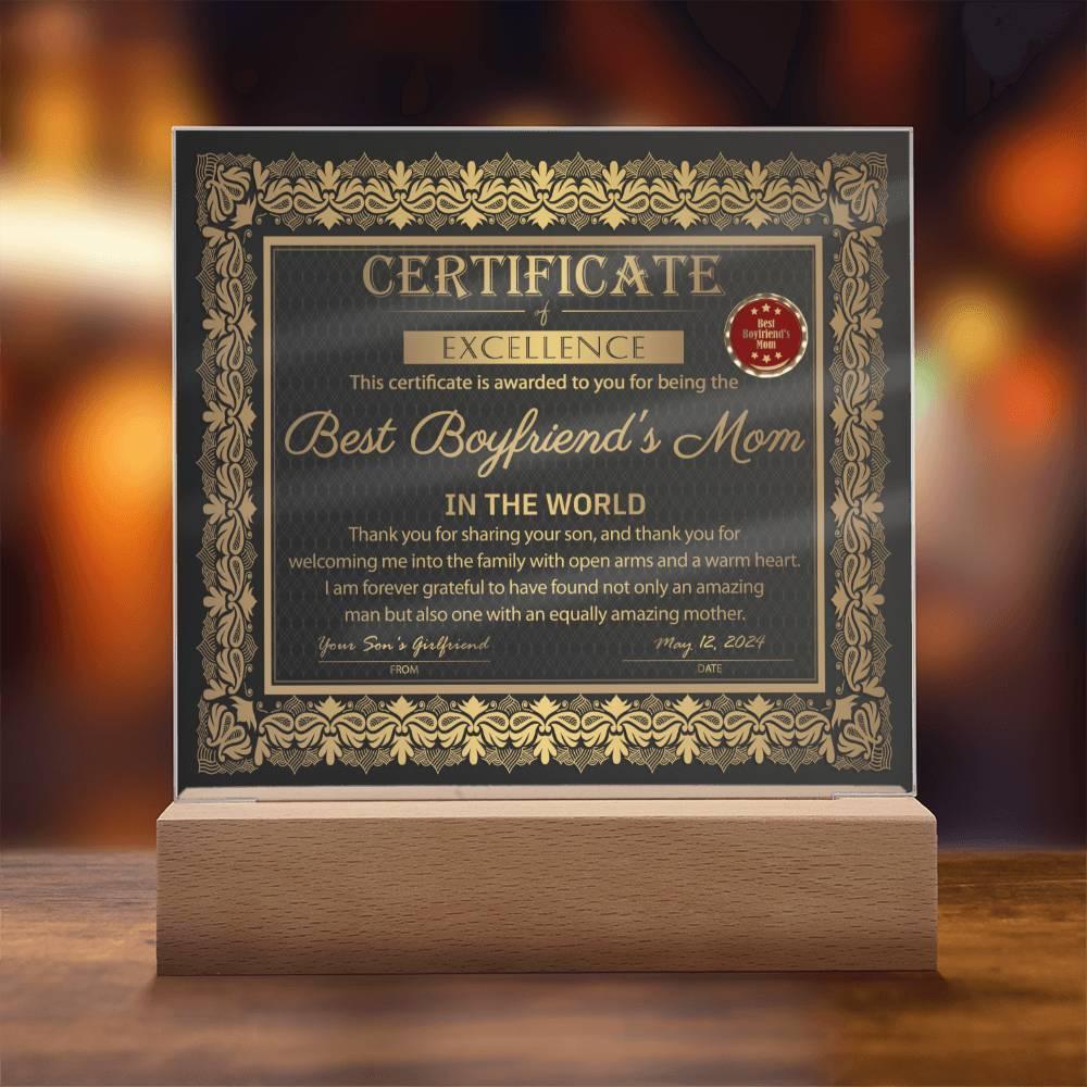 Best Boyfriend's Mom Certificate of Excellence Mother's Day Acrylic Plaque - Mallard Moon Gift Shop