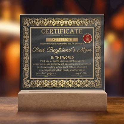Best Boyfriend's Mom Certificate of Excellence Mother's Day Acrylic Plaque - Mallard Moon Gift Shop