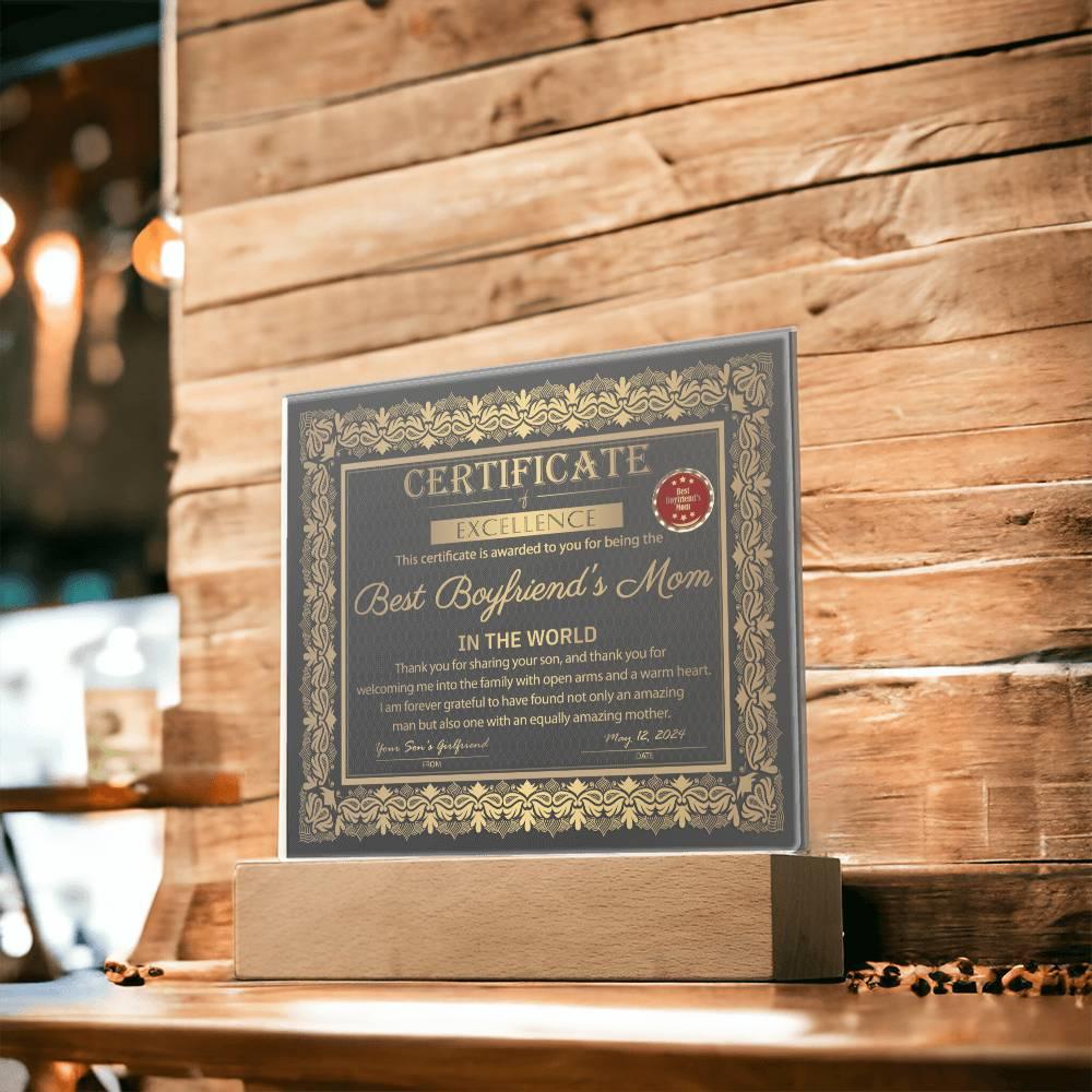 Best Boyfriend's Mom Certificate of Excellence Mother's Day Acrylic Plaque - Mallard Moon Gift Shop