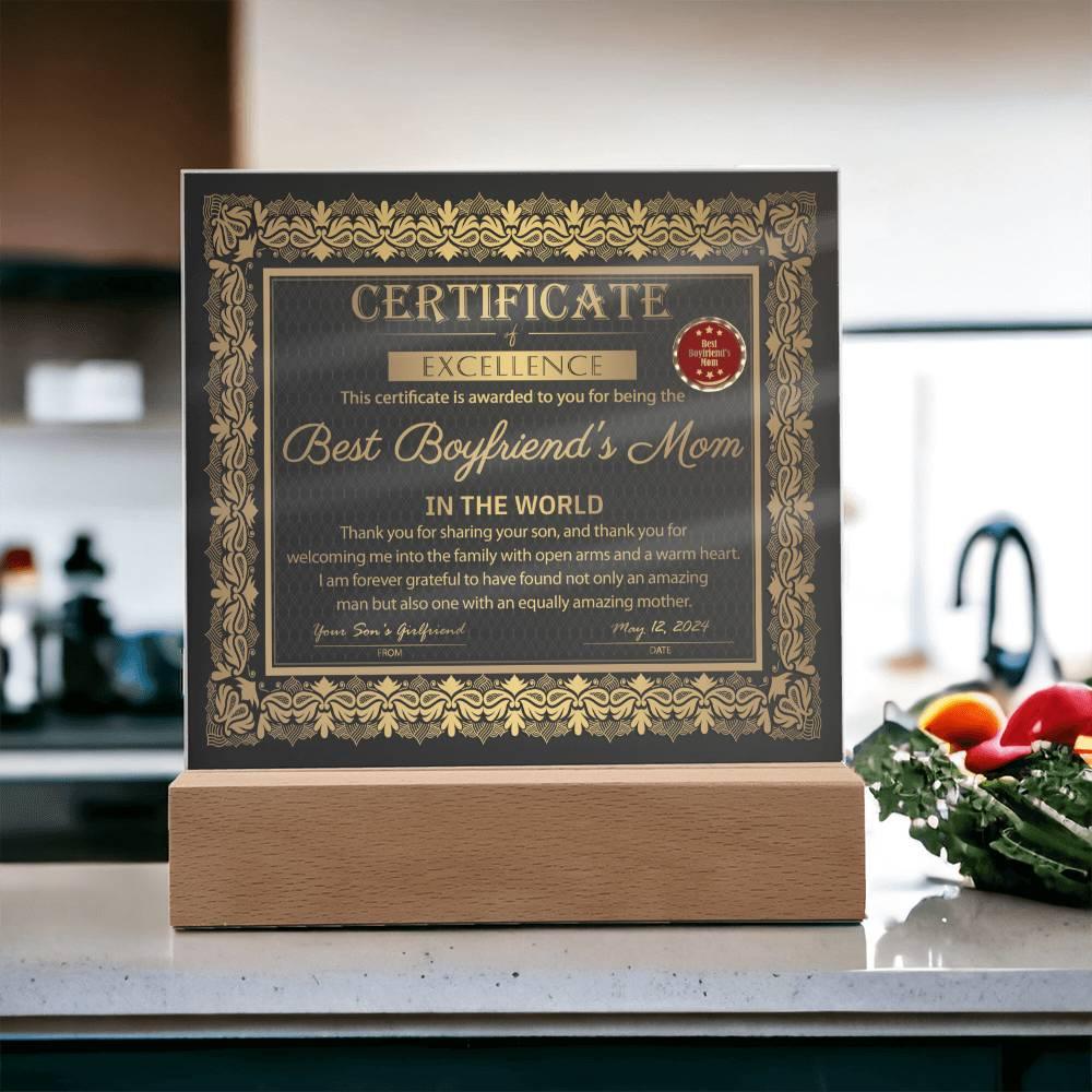 Best Boyfriend's Mom Certificate of Excellence Mother's Day Acrylic Plaque - Mallard Moon Gift Shop