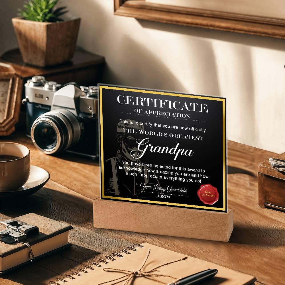 Certificate of Appreciation - The World's Greatest Grandpa Personalized Acrylic Plaque - Mallard Moon Gift Shop