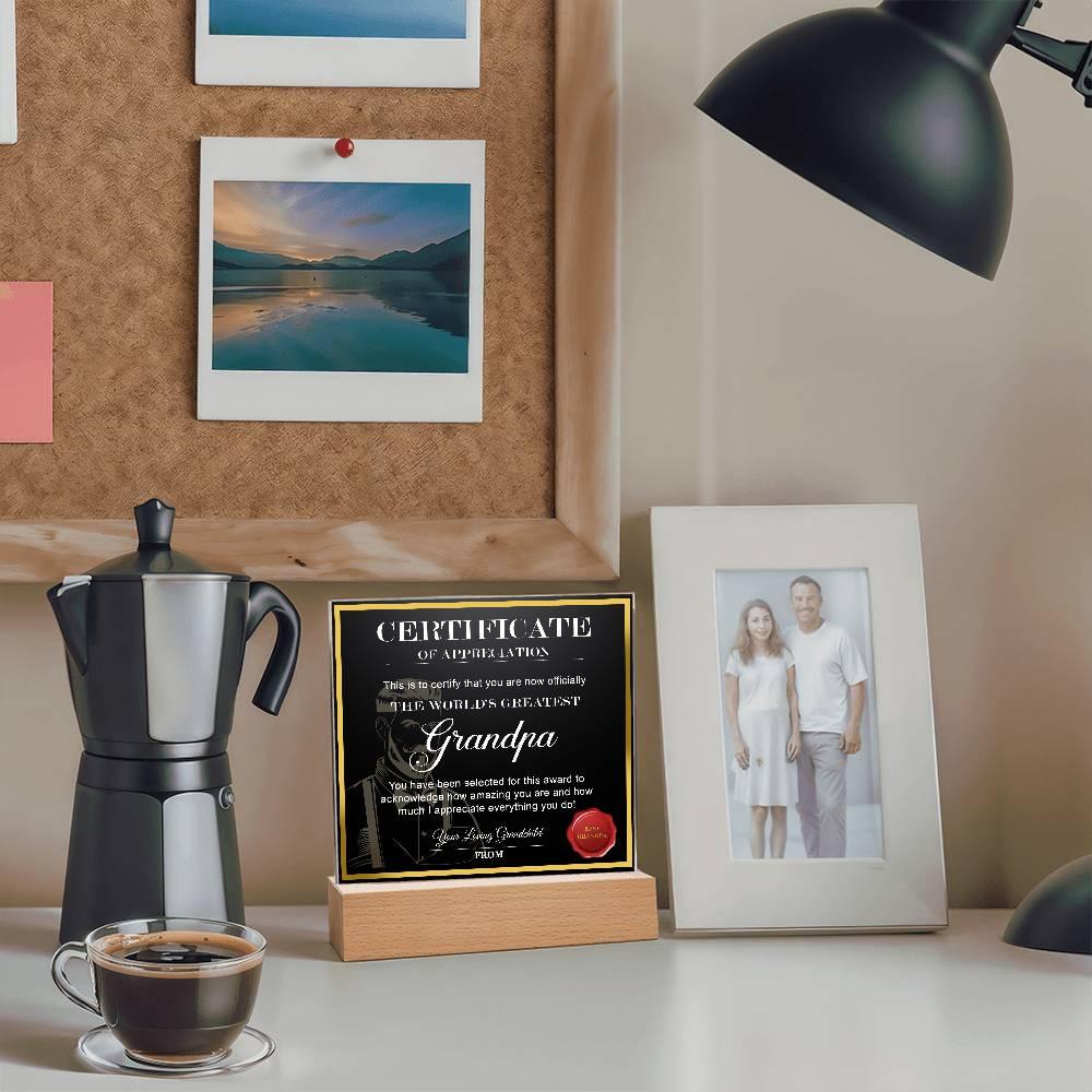 Certificate of Appreciation - The World's Greatest Grandpa Personalized Acrylic Plaque - Mallard Moon Gift Shop