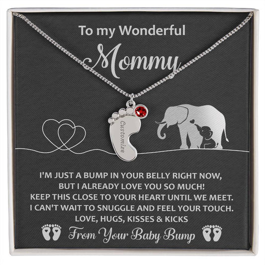 To My Wonderful Mommy I May be Just a Bump But I Love You So Much Engraved Name Baby Feet Necklace with Birthstone - Mallard Moon Gift Shop