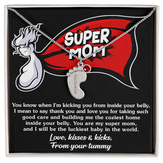 Supermom Love, Kisses and Kicks From Your Tummy Engraved Name Baby Feet Pendant Necklace with Birthstone - Mallard Moon Gift Shop