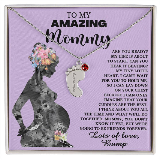 To My Amazing Mommy Lots of Love from the Bump Pregnancy Gift Engraved Name Baby Feet Charm Necklace with Birthstone - Mallard Moon Gift Shop