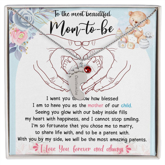 Mom-to-be Gift from Husband Engraved Name Baby Feet Charm Necklace with Birthstone - Mallard Moon Gift Shop