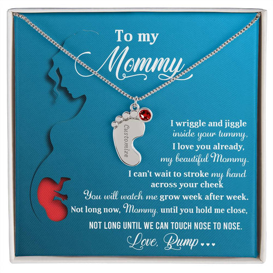 New Mom Gift Not Long Now Until You Can Hold Me Close Baby Feet Engraved Name Charm Necklace with Birthstone - Mallard Moon Gift Shop