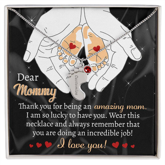 Pregnant Mother Gift You are doing an Incredible Job Engraved Name Baby Feet Necklace with Birthstone - Mallard Moon Gift Shop