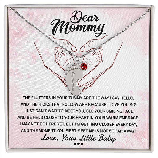 Dear Mommy I Can't Wait to Meet You Pregnancy Gift Engraved Name Baby Feet Pendant Necklace with Birthstone - Mallard Moon Gift Shop