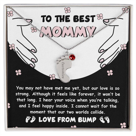 Best Mommy Pregnancy Gift Love from the Bump Engraved Name Baby Feet Pendant Necklace with Birthstone - Mallard Moon Gift Shop