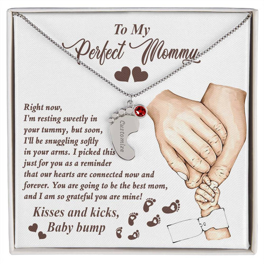 Gift for New Mom Kisses and Kicks from Baby Bump Engraved Name Baby Feet Pendant Necklace with Birthstone - Mallard Moon Gift Shop