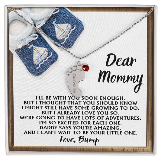 Dear Mommy I Already Love You Pregnancy Engraved Name Baby Feet Charm Necklace with Birthstone Gift for New Mom - Mallard Moon Gift Shop