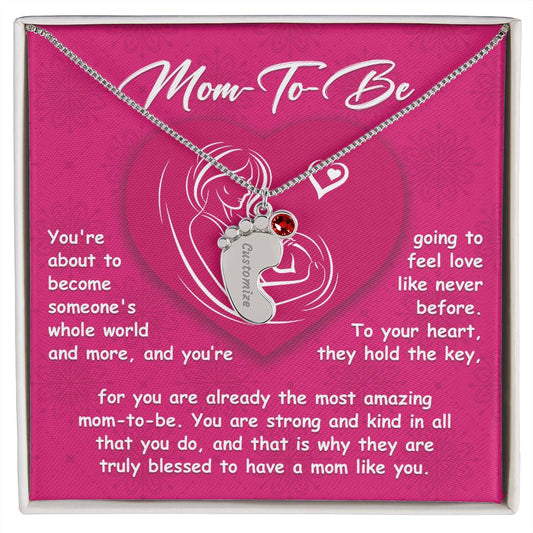 Gift for Mom-to-be Engraved Name Baby Feet Pendant Necklace with Birthstone - Mallard Moon Gift Shop