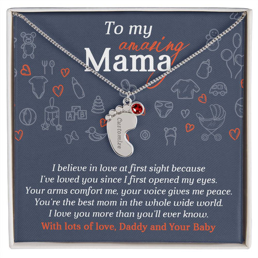 To My Amazing Mama I Believe in Love at First Sight Engraved Name Baby Feet Pendant Necklace with Birthstone - Mallard Moon Gift Shop