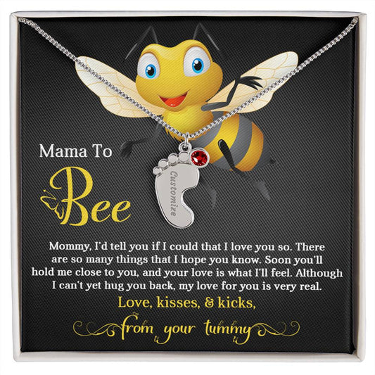 Mama To Bee Love, Kisses and Kicks from your Tummy Engraved Name Baby Feet Charm Necklace with Birthstone - Mallard Moon Gift Shop