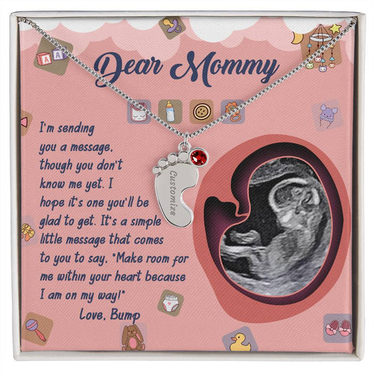 Dear Mommy I Am On My Way Baby Feet Engraved Name Charm Pendant Necklace with Birthstone - Mallard Moon Gift Shop