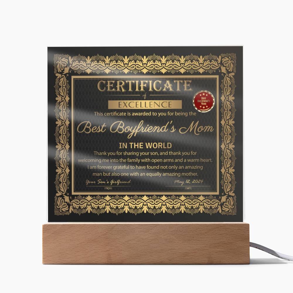 Best Boyfriend's Mom Certificate of Excellence Mother's Day Acrylic Plaque - Mallard Moon Gift Shop